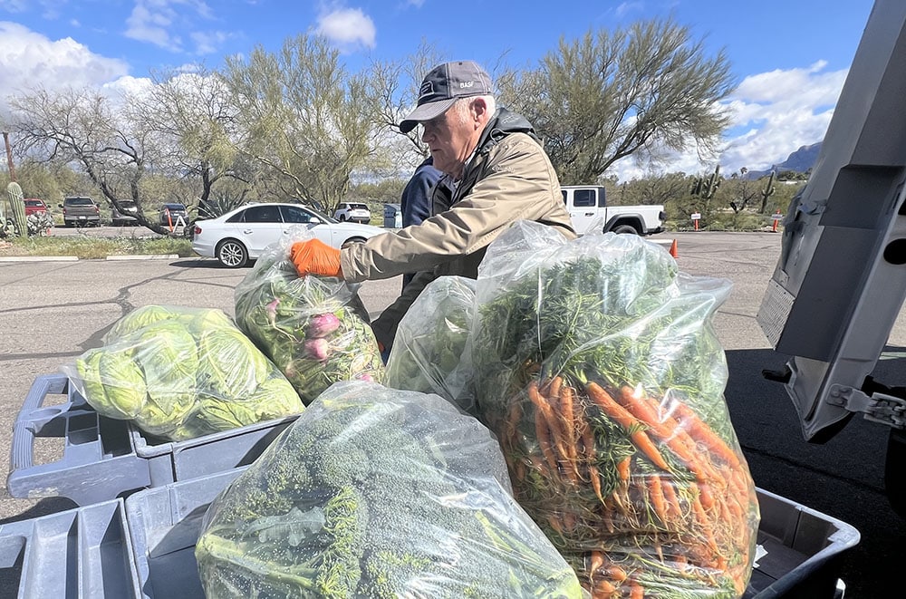 Food bank volunteer unloading organic produce